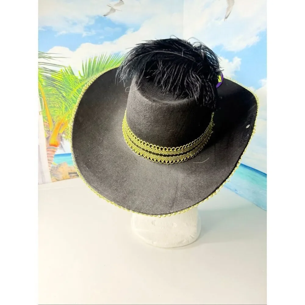 Black & Gold Pirate / Musketeer Costume Hat w Feathers / Plume Adult One Size